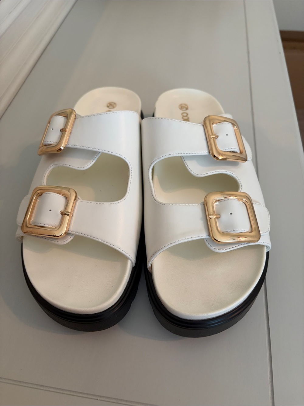 White Buckle Slide Sandals with Gold Hardware - Women